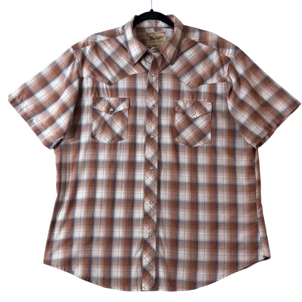 Wrangler Western Pearl Snap Shirt Mens XL Brown Plaid Short Sleeve Cowboy Ranch